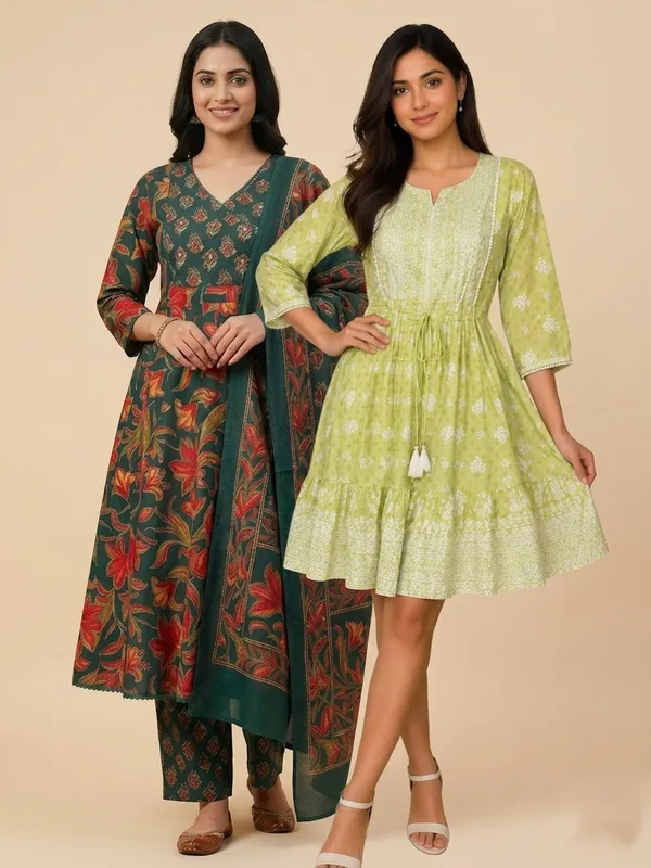 Multicolor_Cotton_Kurta_Set_With_Dupatta_And_Midi_Dress_For_Women_Pack_Of_2