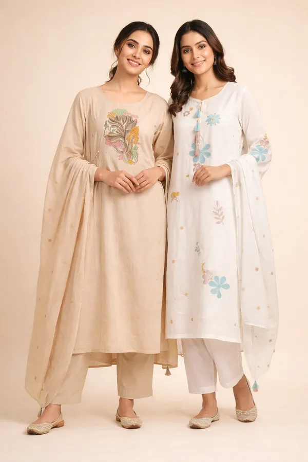 Beige_And_White_Cotton_Kurta_Set_With_Dupatta_For_Women_Pack_Of_2