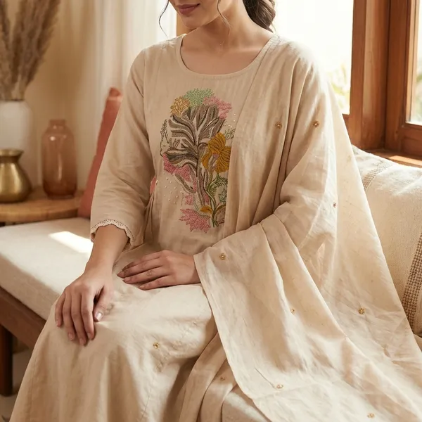 Beige_And_White_Cotton_Kurta_Set_With_Dupatta_For_Women_Pack_Of_2