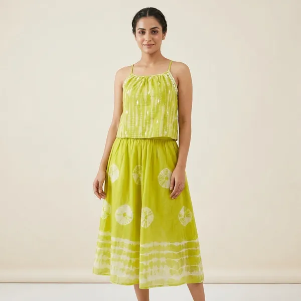 Yellow_And_Green_Cotton_Anarkali_Kurta_Set_With_Dupatta_And_Flared_Top_&_Skirt_For_Women_Pack_Of_2