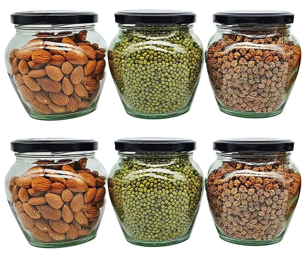 Seiri®_400 ml_Transparent_Glass_Jar_Airtight_Black_Metal_Lid_Matki_Shape_Storage_Containers_for_Spices,_Masala,_Pickles,_Dry_Fruits,_Sugar,_Tea,_Coffee,_Snacks,_Pulses,_Kitchen_Use