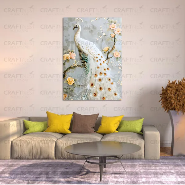 Craftnest_Reflections_Elegant_White_Peacock_60X50_Cm_Wall_Art_A_Symbol_Of_Purity_And_Grace_For_Home_&_Office_Decor_-_Engineered_Wood_Base_With_Golden_Frame