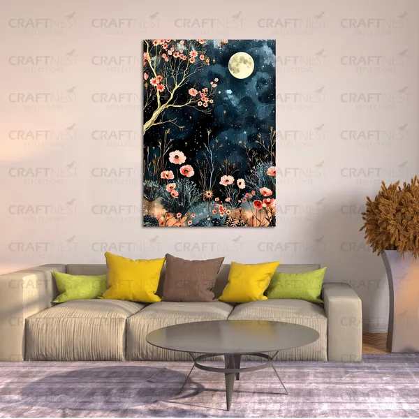 Craftnest_Reflections_Moonlit_Floral_Night_Wall_Art,_42X30_Cm_Elegant_Botanical_Canvas_Printed_For_Living_Room,_Bedroom,_Office_-_Engineered_Wood_Base_With_Golden_Frame