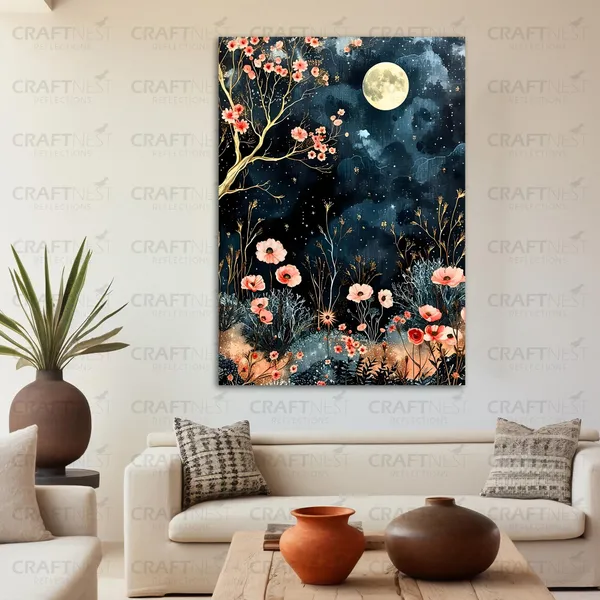 Craftnest_Reflections_Moonlit_Floral_Night_Wall_Art,_42X30_Cm_Elegant_Botanical_Canvas_Printed_For_Living_Room,_Bedroom,_Office_-_Engineered_Wood_Base_With_Golden_Frame