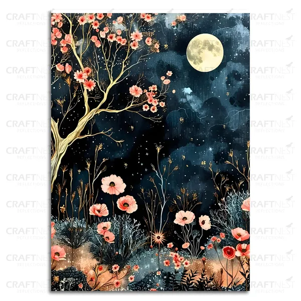Craftnest_Reflections_Moonlit_Floral_Night_Wall_Art,_42X30_Cm_Elegant_Botanical_Canvas_Printed_For_Living_Room,_Bedroom,_Office_-_Engineered_Wood_Base_With_Golden_Frame