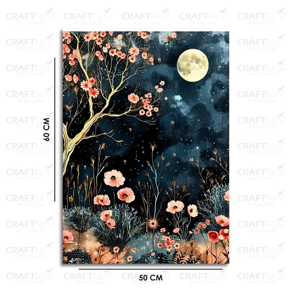 Craftnest_Reflections_Moonlit_Floral_Night_Wall_Art,_42X30_Cm_Elegant_Botanical_Canvas_Printed_For_Living_Room,_Bedroom,_Office_-_Engineered_Wood_Base_With_Golden_Frame