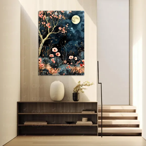 Craftnest_Reflections_Moonlit_Floral_Night_Wall_Art,_42X30_Cm_Elegant_Botanical_Canvas_Printed_For_Living_Room,_Bedroom,_Office_-_Engineered_Wood_Base_With_Golden_Frame