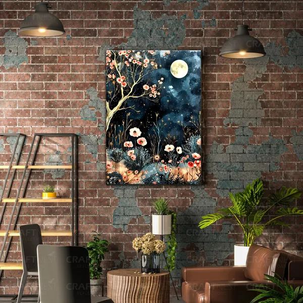 Craftnest_Reflections_Moonlit_Floral_Night_Wall_Art,_30X20_Cm_Elegant_Botanical_Canvas_Printed_For_Living_Room,_Bedroom,_Office_-_Engineered_Wood_Base_With_Golden_Frame