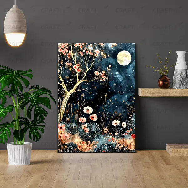Craftnest_Reflections_Moonlit_Floral_Night_Wall_Art,_30X20_Cm_Elegant_Botanical_Canvas_Printed_For_Living_Room,_Bedroom,_Office_-_Engineered_Wood_Base_With_Golden_Frame