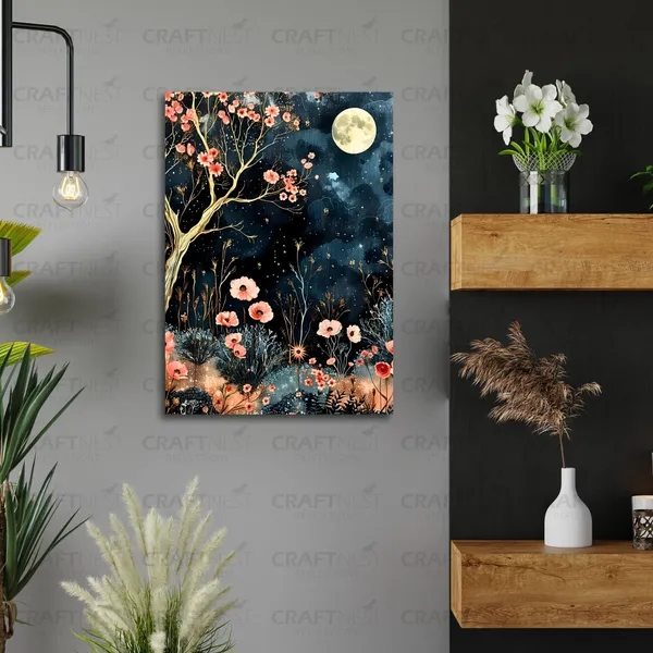 Craftnest_Reflections_Moonlit_Floral_Night_Wall_Art,_30X20_Cm_Elegant_Botanical_Canvas_Printed_For_Living_Room,_Bedroom,_Office_-_Engineered_Wood_Base_With_Golden_Frame
