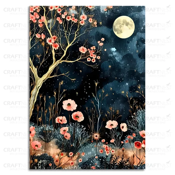 Craftnest_Reflections_Moonlit_Floral_Night_Wall_Art,_30X20_Cm_Elegant_Botanical_Canvas_Printed_For_Living_Room,_Bedroom,_Office_-_Engineered_Wood_Base_With_Golden_Frame