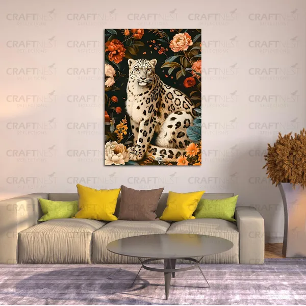 Craftnest_Reflections_Majestic_Snow_Leopard_Wall_Art_60X50_Cm_Elegant_Wildlife_And_Floral_Canvas_Printed_For_Living_Room,_Bedroom,_Office_-_Engineered_Wood_Base_With_Golden_Frame