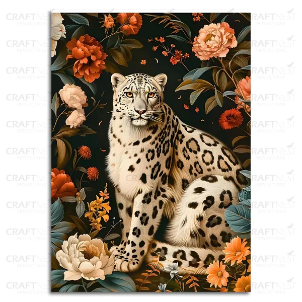 Craftnest_Reflections_Majestic_Snow_Leopard_Wall_Art_60X50_Cm_Elegant_Wildlife_And_Floral_Canvas_Printed_For_Living_Room,_Bedroom,_Office_-_Engineered_Wood_Base_With_Golden_Frame