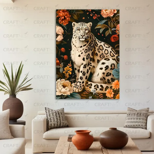 Craftnest_Reflections_Majestic_Snow_Leopard_Wall_Art_60X50_Cm_Elegant_Wildlife_And_Floral_Canvas_Printed_For_Living_Room,_Bedroom,_Office_-_Engineered_Wood_Base_With_Golden_Frame