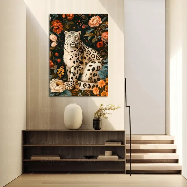 Craftnest_Reflections_Majestic_Snow_Leopard_Wall_Art_60X50_Cm_Elegant_Wildlife_And_Floral_Canvas_Printed_For_Living_Room,_Bedroom,_Office_-_Engineered_Wood_Base_With_Golden_Frame