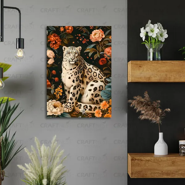 Craftnest_Reflections_Majestic_Snow_Leopard_Wall_Art_42X30_Cm_Elegant_Wildlife_And_Floral_Canvas_Printed_For_Living_Room,_Bedroom,_Office_-_Engineered_Wood_Base_With_Golden_Frame