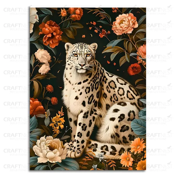Craftnest_Reflections_Majestic_Snow_Leopard_Wall_Art_42X30_Cm_Elegant_Wildlife_And_Floral_Canvas_Printed_For_Living_Room,_Bedroom,_Office_-_Engineered_Wood_Base_With_Golden_Frame