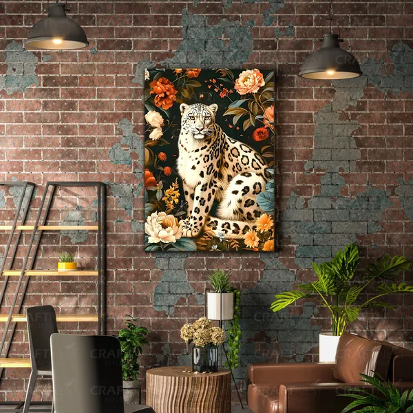 Craftnest_Reflections_Majestic_Snow_Leopard_Wall_Art_42X30_Cm_Elegant_Wildlife_And_Floral_Canvas_Printed_For_Living_Room,_Bedroom,_Office_-_Engineered_Wood_Base_With_Golden_Frame