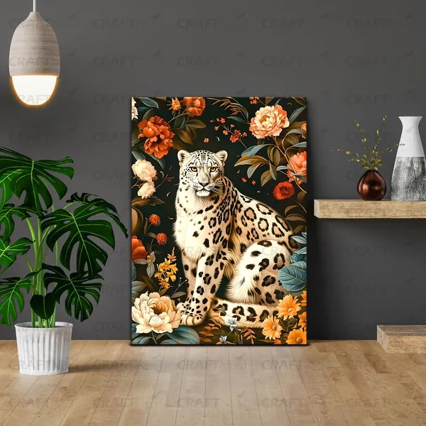 Craftnest_Reflections_Majestic_Snow_Leopard_Wall_Art_42X30_Cm_Elegant_Wildlife_And_Floral_Canvas_Printed_For_Living_Room,_Bedroom,_Office_-_Engineered_Wood_Base_With_Golden_Frame