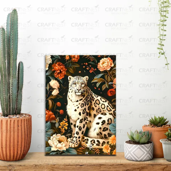 Craftnest_Reflections_Majestic_Snow_Leopard_Wall_Art_30X20_Cm_Elegant_Wildlife_And_Floral_Canvas_Printed_For_Living_Room,_Bedroom,_Office_-_Engineered_Wood_Base_With_Golden_Frame