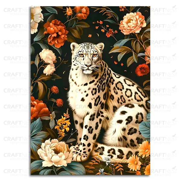 Craftnest_Reflections_Majestic_Snow_Leopard_Wall_Art_30X20_Cm_Elegant_Wildlife_And_Floral_Canvas_Printed_For_Living_Room,_Bedroom,_Office_-_Engineered_Wood_Base_With_Golden_Frame