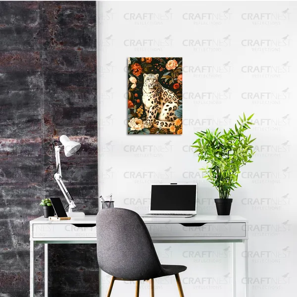 Craftnest_Reflections_Majestic_Snow_Leopard_Wall_Art_30X20_Cm_Elegant_Wildlife_And_Floral_Canvas_Printed_For_Living_Room,_Bedroom,_Office_-_Engineered_Wood_Base_With_Golden_Frame