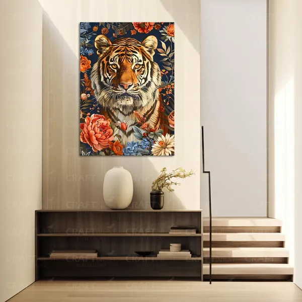 Craftnest_Reflections_Majestic_Tiger_Wall_Art_60X50_Cm_Bold_Wildlife_And_Floral_Canvas_Printed_For_Living_Room,_Bedroom,_Office_-_Engineered_Wood_Base_With_Golden_Frame