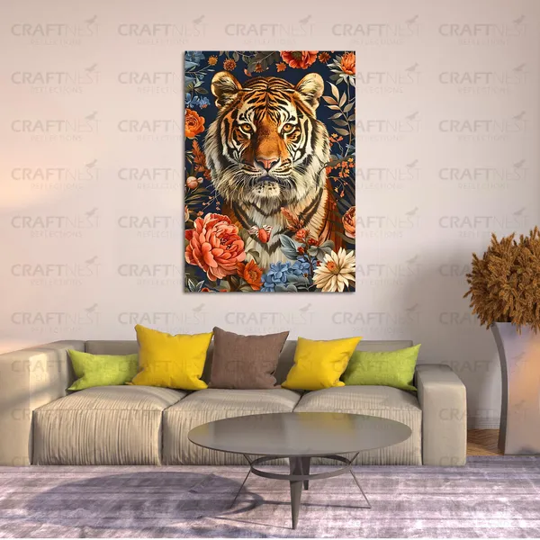 Craftnest_Reflections_Majestic_Tiger_Wall_Art_60X50_Cm_Bold_Wildlife_And_Floral_Canvas_Printed_For_Living_Room,_Bedroom,_Office_-_Engineered_Wood_Base_With_Golden_Frame