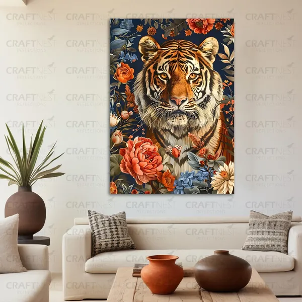 Craftnest_Reflections_Majestic_Tiger_Wall_Art_60X50_Cm_Bold_Wildlife_And_Floral_Canvas_Printed_For_Living_Room,_Bedroom,_Office_-_Engineered_Wood_Base_With_Golden_Frame