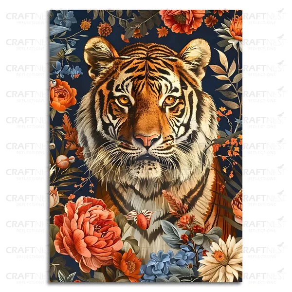 Craftnest_Reflections_Majestic_Tiger_Wall_Art_60X50_Cm_Bold_Wildlife_And_Floral_Canvas_Printed_For_Living_Room,_Bedroom,_Office_-_Engineered_Wood_Base_With_Golden_Frame