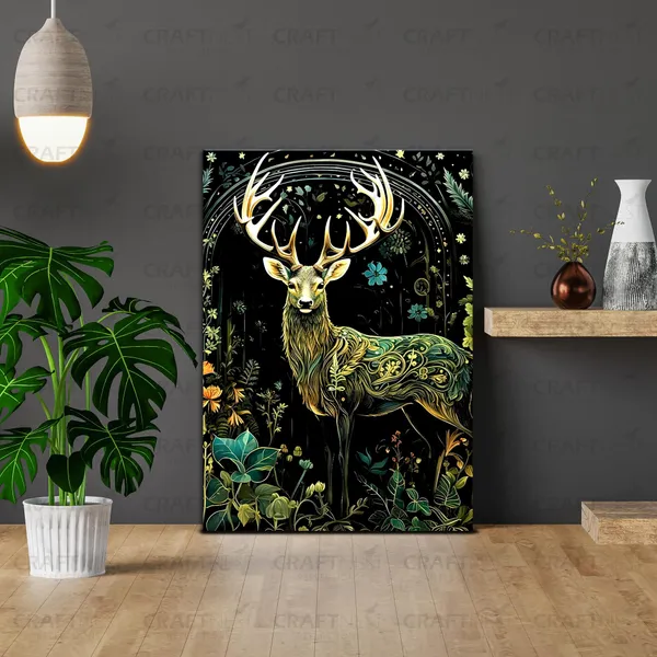 Craftnest_Reflections_Majestic_Deer_Wall_Art_42X30_Cm_Bold_Wildlife_And_Floral_Canvas_Printed_For_Living_Room,_Bedroom,_Office_-_Engineered_Wood_Base_With_Golden_Frame