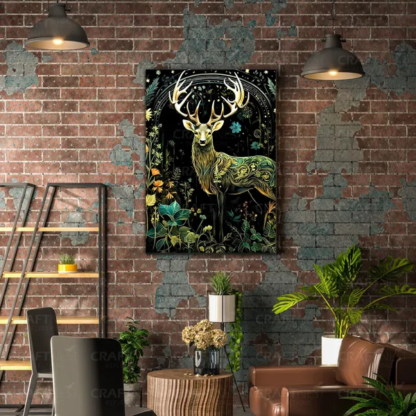Craftnest_Reflections_Majestic_Deer_Wall_Art_42X30_Cm_Bold_Wildlife_And_Floral_Canvas_Printed_For_Living_Room,_Bedroom,_Office_-_Engineered_Wood_Base_With_Golden_Frame
