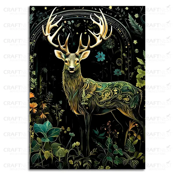 Craftnest_Reflections_Majestic_Deer_Wall_Art_42X30_Cm_Bold_Wildlife_And_Floral_Canvas_Printed_For_Living_Room,_Bedroom,_Office_-_Engineered_Wood_Base_With_Golden_Frame