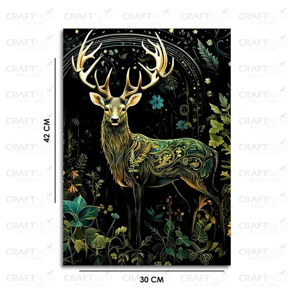 Craftnest_Reflections_Majestic_Deer_Wall_Art_42X30_Cm_Bold_Wildlife_And_Floral_Canvas_Printed_For_Living_Room,_Bedroom,_Office_-_Engineered_Wood_Base_With_Golden_Frame