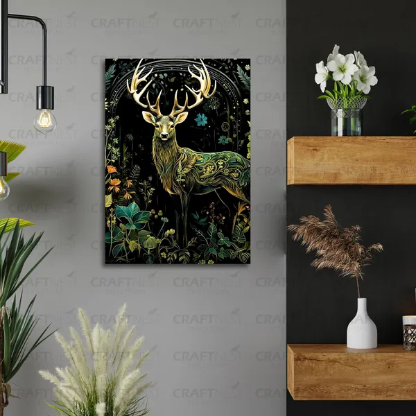 Craftnest_Reflections_Majestic_Deer_Wall_Art_42X30_Cm_Bold_Wildlife_And_Floral_Canvas_Printed_For_Living_Room,_Bedroom,_Office_-_Engineered_Wood_Base_With_Golden_Frame