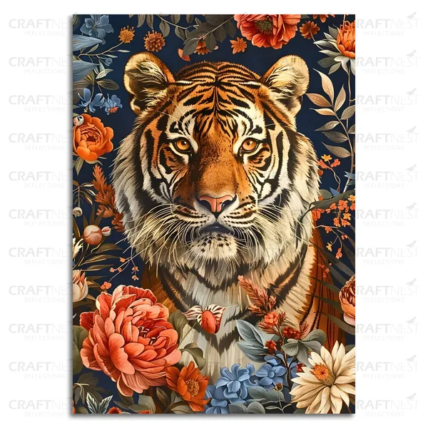 Craftnest_Reflections_Majestic_Tiger_Wall_Art_30X20_Cm_Bold_Wildlife_And_Floral_Canvas_Printed_For_Living_Room,_Bedroom,_Office_-_Engineered_Wood_Base_With_Golden_Frame