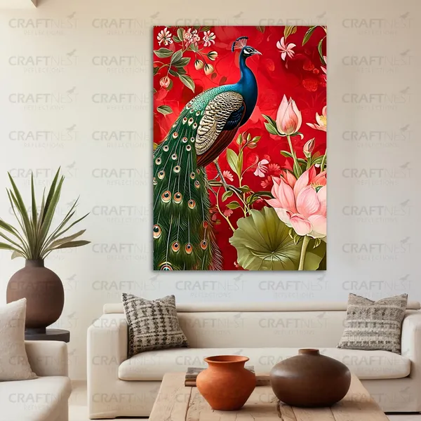 Craftnest_Reflections_Majestic_Peacock_Wall_Art_60X50_Cm_Vibrant_Floral_Printed_Canvas_For_Living_Room,_Bedroom,_Office_-_Engineered_Wood_Base_With_Golden_Frame