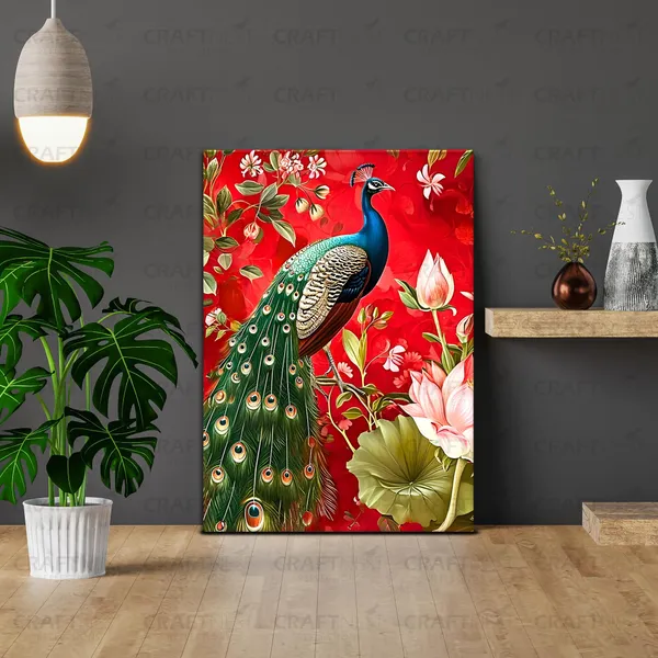 Craftnest_Reflections_Majestic_Peacock_Wall_Art_42X30_Cm_Vibrant_Floral_Printed_Canvas_For_Living_Room,_Bedroom,_Office_-_Engineered_Wood_Base_With_Golden_Frame