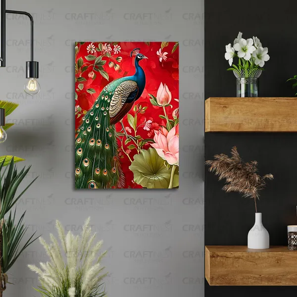 Craftnest_Reflections_Majestic_Peacock_Wall_Art_42X30_Cm_Vibrant_Floral_Printed_Canvas_For_Living_Room,_Bedroom,_Office_-_Engineered_Wood_Base_With_Golden_Frame