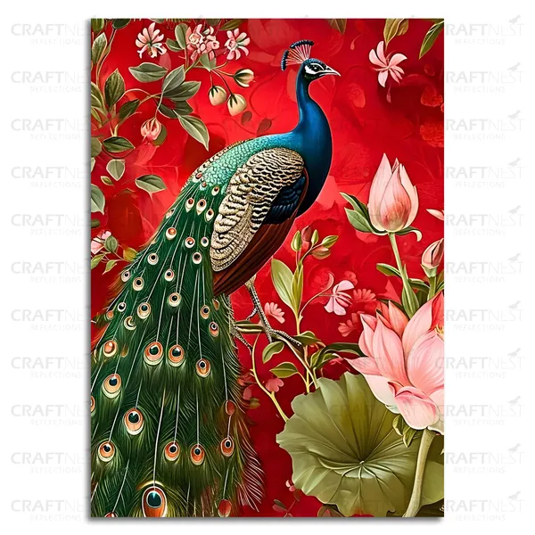 Craftnest_Reflections_Majestic_Peacock_Wall_Art_30X20_Cm_Vibrant_Floral_Printed_Canvas_For_Living_Room,_Bedroom,_Office_-_Engineered_Wood_Base_With_Golden_Frame