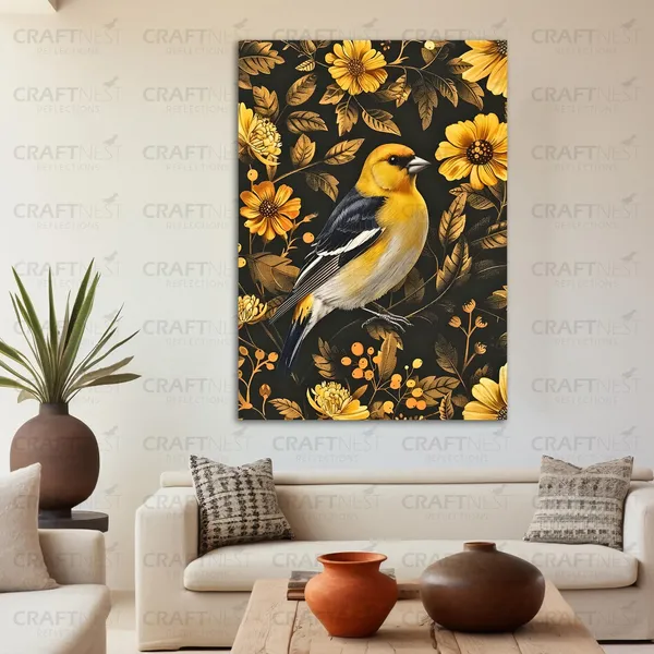 Craftnest_Reflections_Elegant_Yellow_Finch_60X50_Cm_Printed_Wall_Art_Nature-Inspired_Decor_For_Living_Room,_Bedroom_&_Office_-_Engineered_Wood_Base_With_Golden_Frame