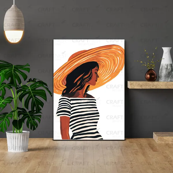 Craftnest_Reflections_Sunlit_Elegance_Modern_Woman_In_Striped_Dress_Wall_Art_|_Minimalist_Canvas_Printed_With_Bold_Orange_Hat_For_Living_Room,_Bedroom_&_Office_Daccor