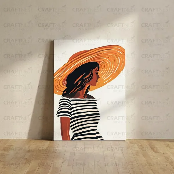 Craftnest_Reflections_Sunlit_Elegance_Modern_Woman_In_Striped_Dress_Wall_Art_|_Minimalist_Canvas_Printed_With_Bold_Orange_Hat_For_Living_Room,_Bedroom_&_Office_Daccor