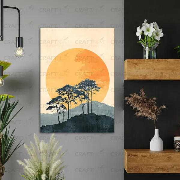 Craftnest_Reflections_Golden_Horizon_42X30_Cm_Minimalist_Nature_Wall_Art_|_Modern_Landscape_Canvas_Printed_With_Sun_&_Silhouette_Trees_For_Living_Room,_Bedroom_&_Office_Decor