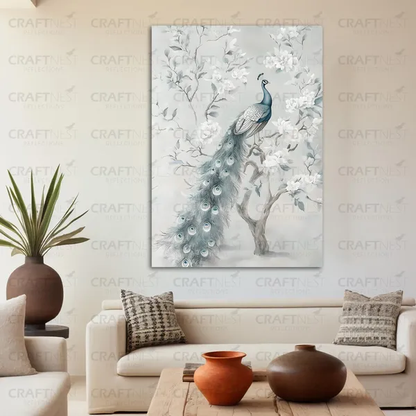 Craftnest_Reflections_Minimalist_Botanical_Peacock_Wall_Art_60X50_Cm_Canvas_Printed_Neutral_Tones_For_Modern_Interiors_Engineered_Wood,_Easy_To_Hand_For_Offices,_Bedroom,_Living_Room