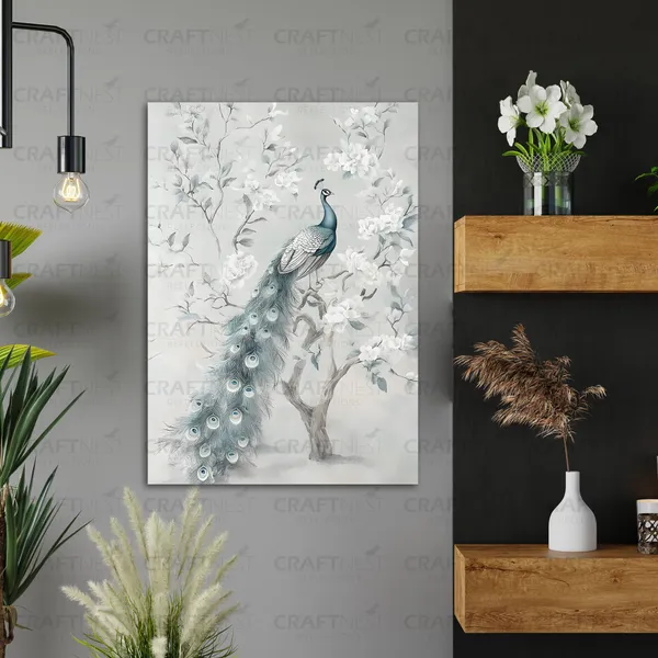 Craftnest_Reflections_Minimalist_Botanical_Peacock_Wall_Art_42X30_Cm_Canvas_Printed_Neutral_Tones_For_Modern_Interiors_Engineered_Wood,_Easy_To_Hand_For_Offices,_Bedroom,_Living_Room