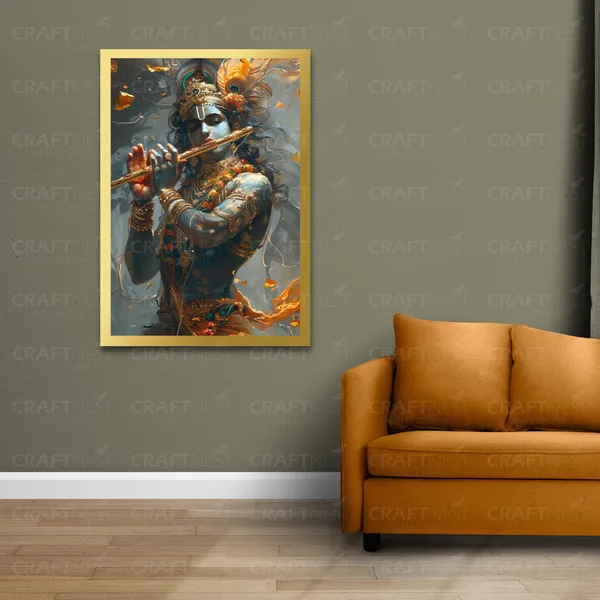 Craftnest_Reflections_Lord_Krishna_Religious_91X60_Cm_Wall_Frame,_Canvas_Printed_Golden_Framed_For_Home_Decor_Spiritual_Lord_For_Office,_Studio,_Bedroom,_Living_Room,_Design_2