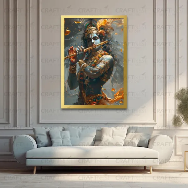 Craftnest_Reflections_Lord_Krishna_Religious_91X60_Cm_Wall_Frame,_Canvas_Printed_Golden_Framed_For_Home_Decor_Spiritual_Lord_For_Office,_Studio,_Bedroom,_Living_Room,_Design_2