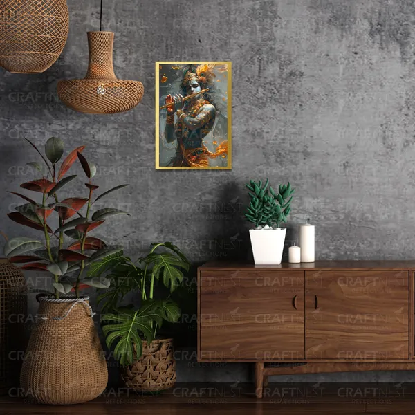 Craftnest_Reflections_Lord_Krishna_Religious_30X20_Cm_Wall_Frame,_Canvas_Printed_Golden_Framed_For_Home_Decor_Spiritual_Lord_For_Office,_Studio,_Bedroom,_Living_Room,_Design_2