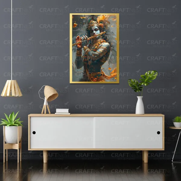 Craftnest_Reflections_Lord_Krishna_Religious_42X30_Cm_Wall_Frame,_Canvas_Printed_Golden_Framed_For_Home_Decor_Spiritual_Lord_For_Office,_Studio,_Bedroom,_Living_Room,_Design_2